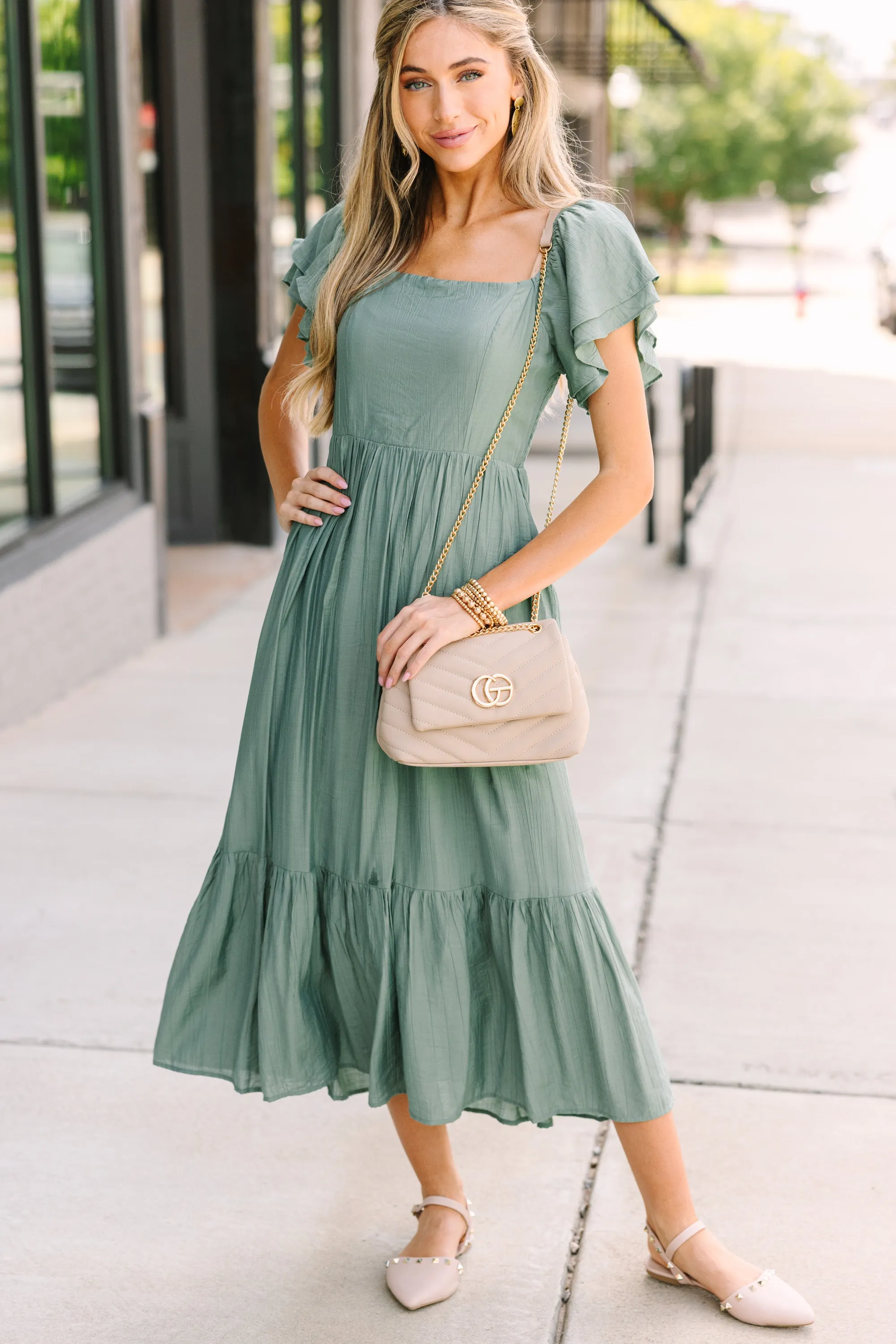 All Yours Deep Sage Green Ruffled Midi Dress