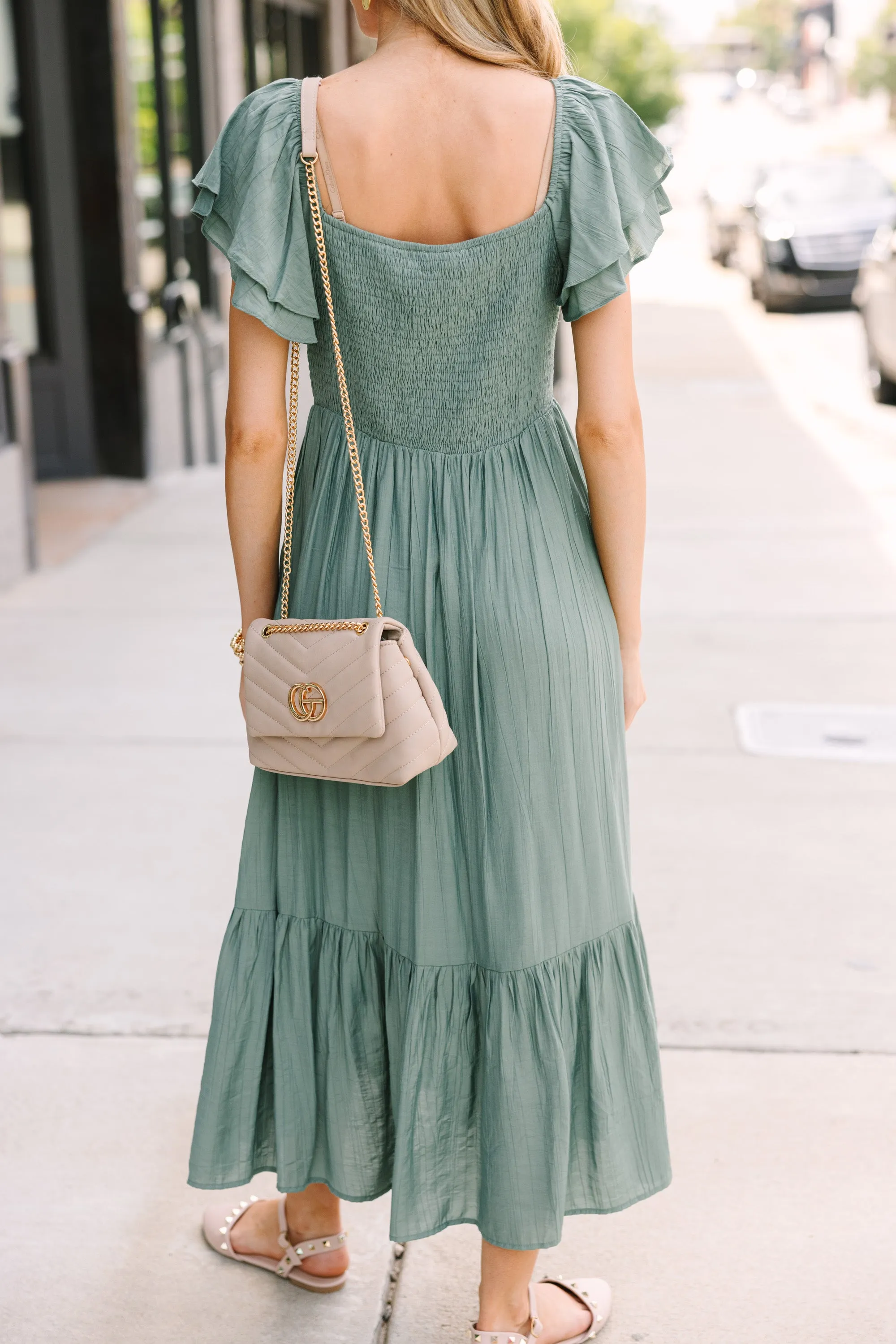 All Yours Deep Sage Green Ruffled Midi Dress