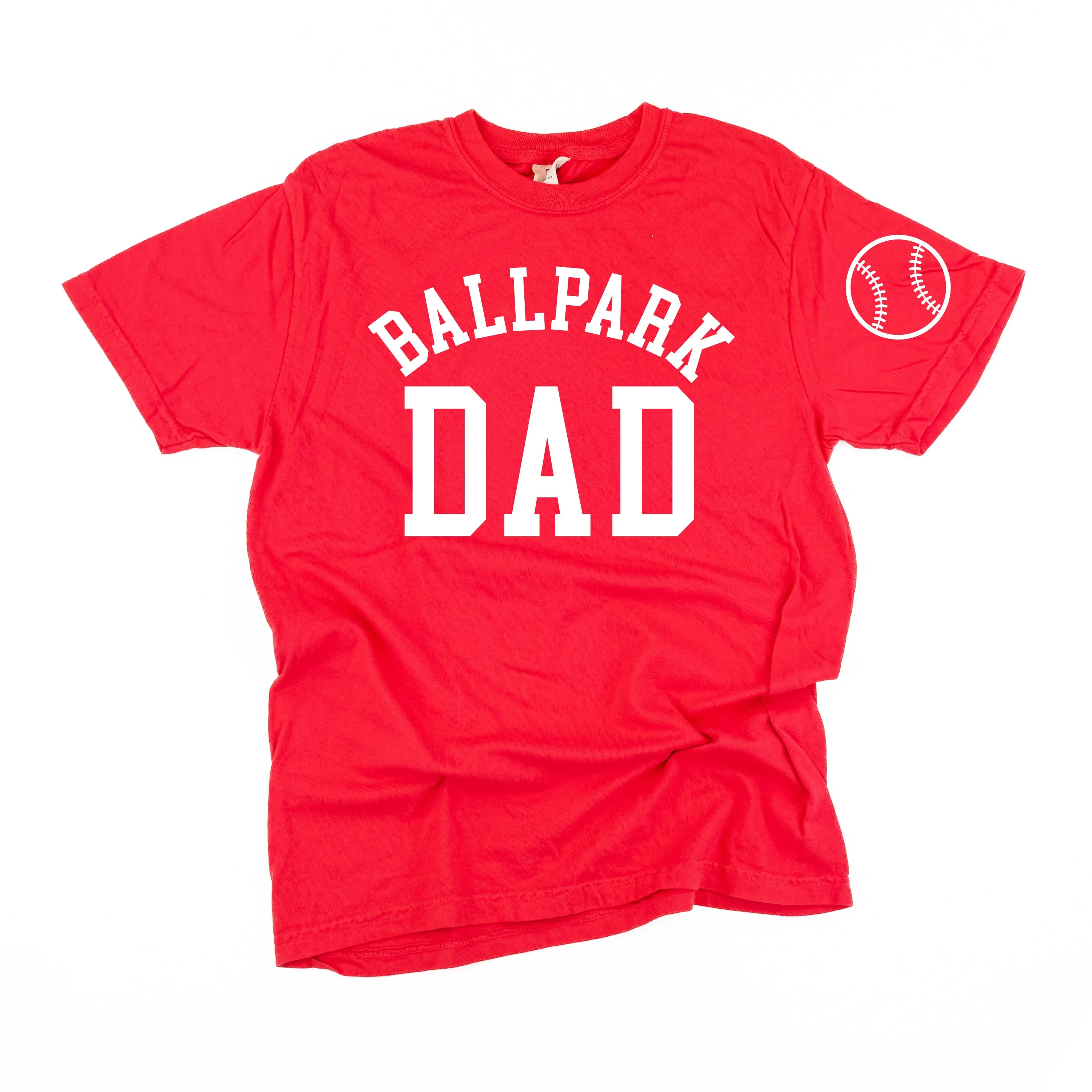 Ballpark Dad - Baseball Detail on Sleeve - SHORT SLEEVE COMFORT COLORS TEE