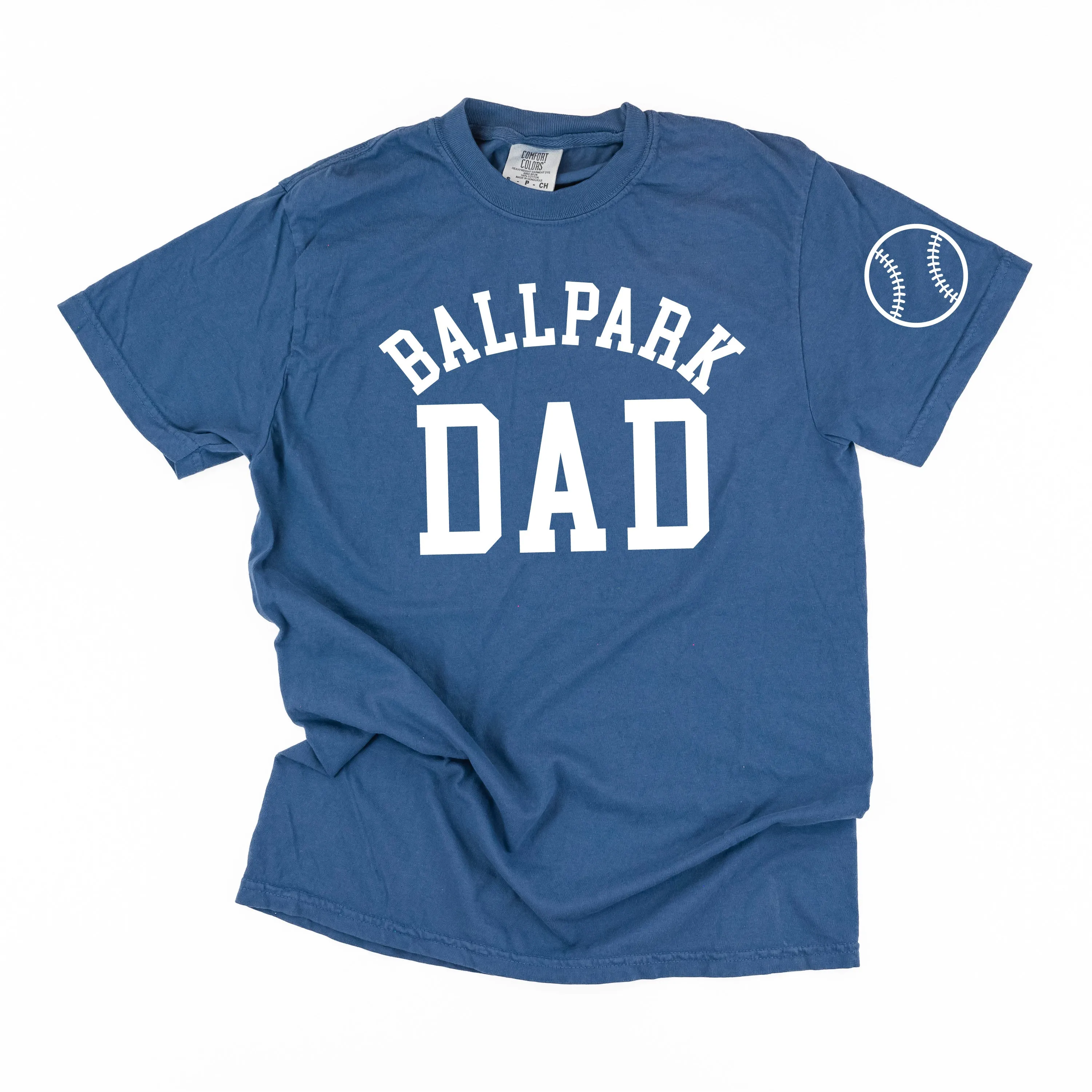 Ballpark Dad - Baseball Detail on Sleeve - SHORT SLEEVE COMFORT COLORS TEE
