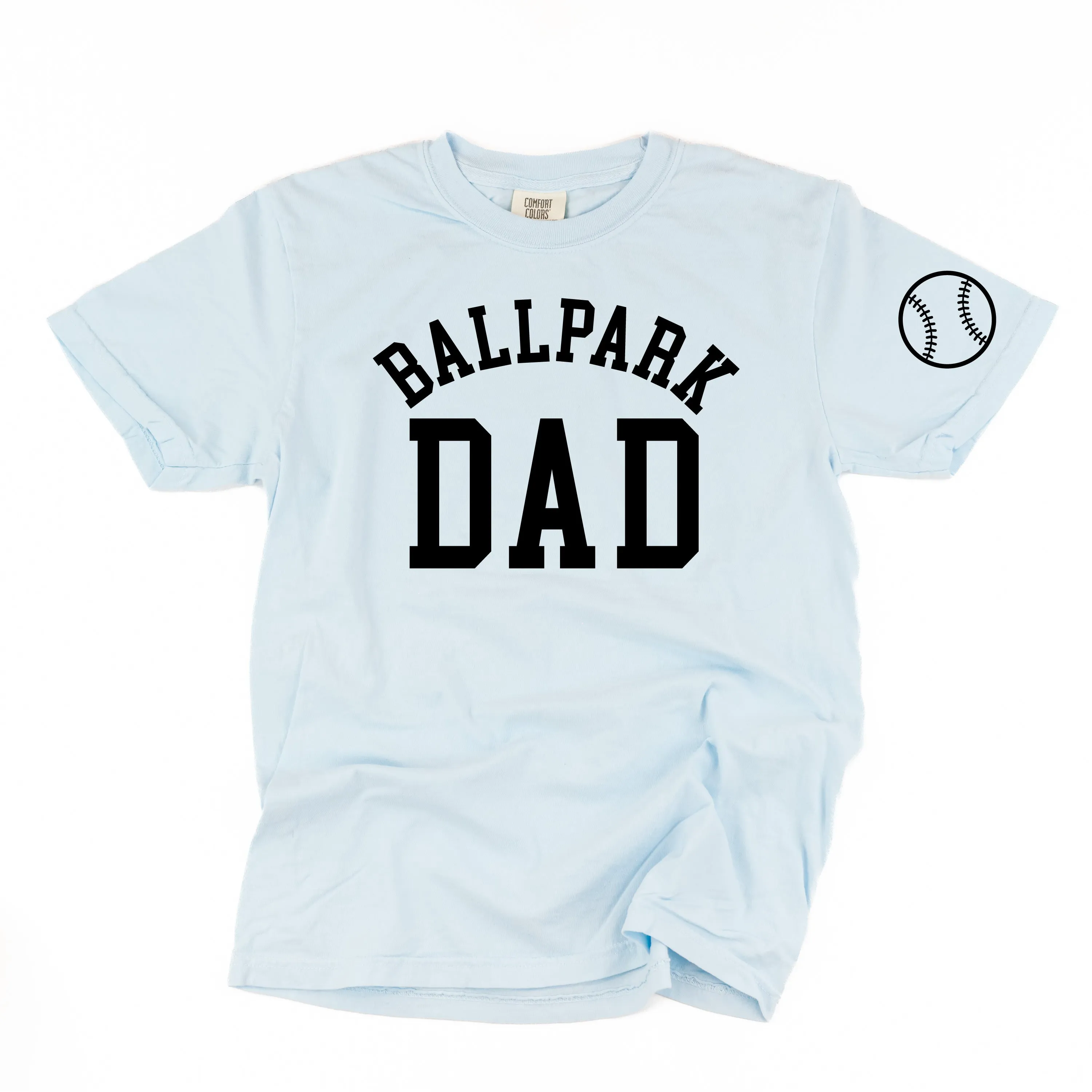 Ballpark Dad - Baseball Detail on Sleeve - SHORT SLEEVE COMFORT COLORS TEE