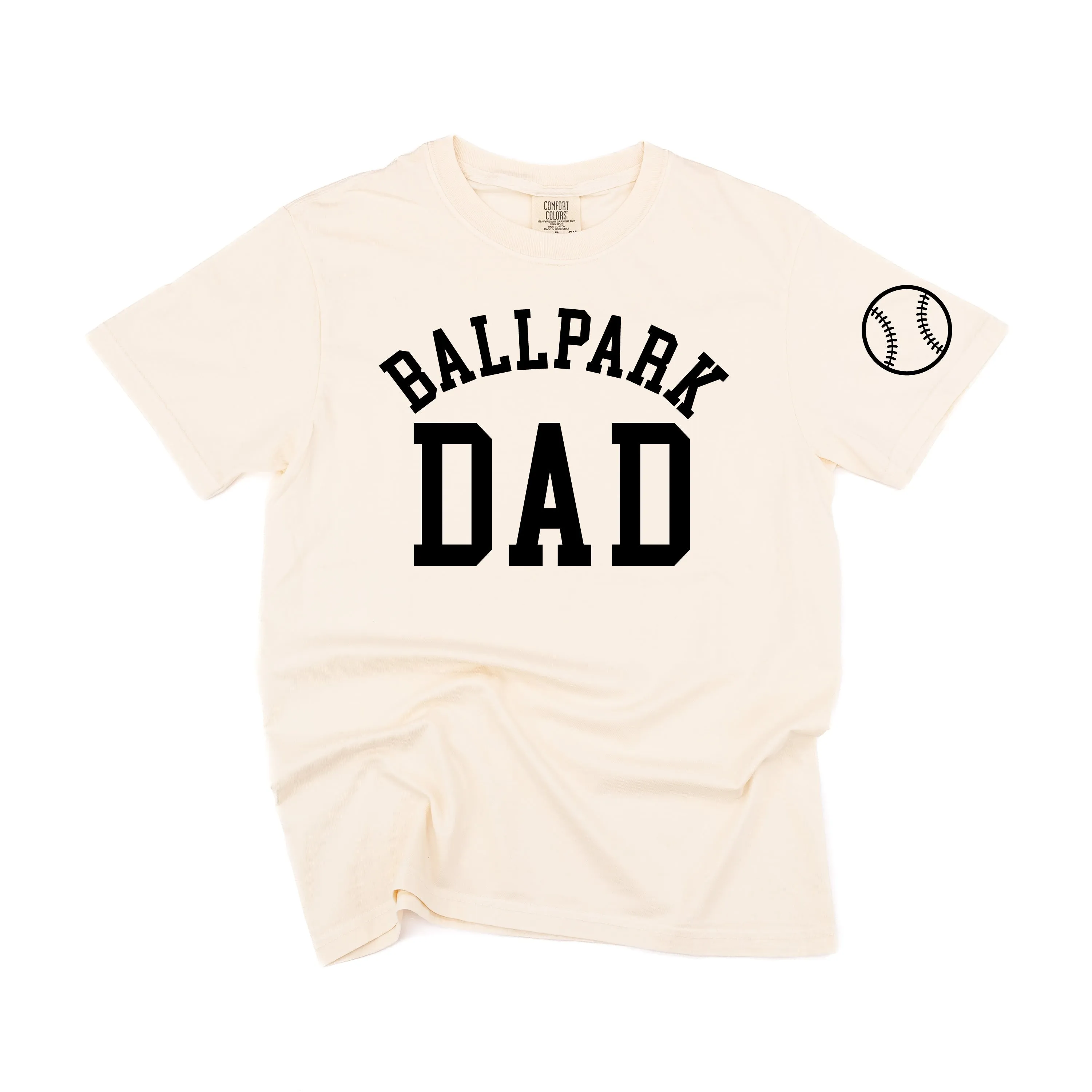 Ballpark Dad - Baseball Detail on Sleeve - SHORT SLEEVE COMFORT COLORS TEE