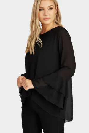 Black Flute Sleeve Sheer Blouse