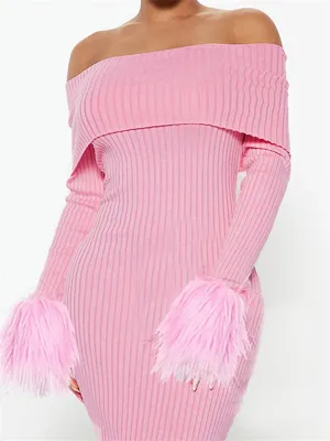 Knitted Long Sleeve Off-Shoulder Fur Patchwork Ribbed Bodycon Midi Dress