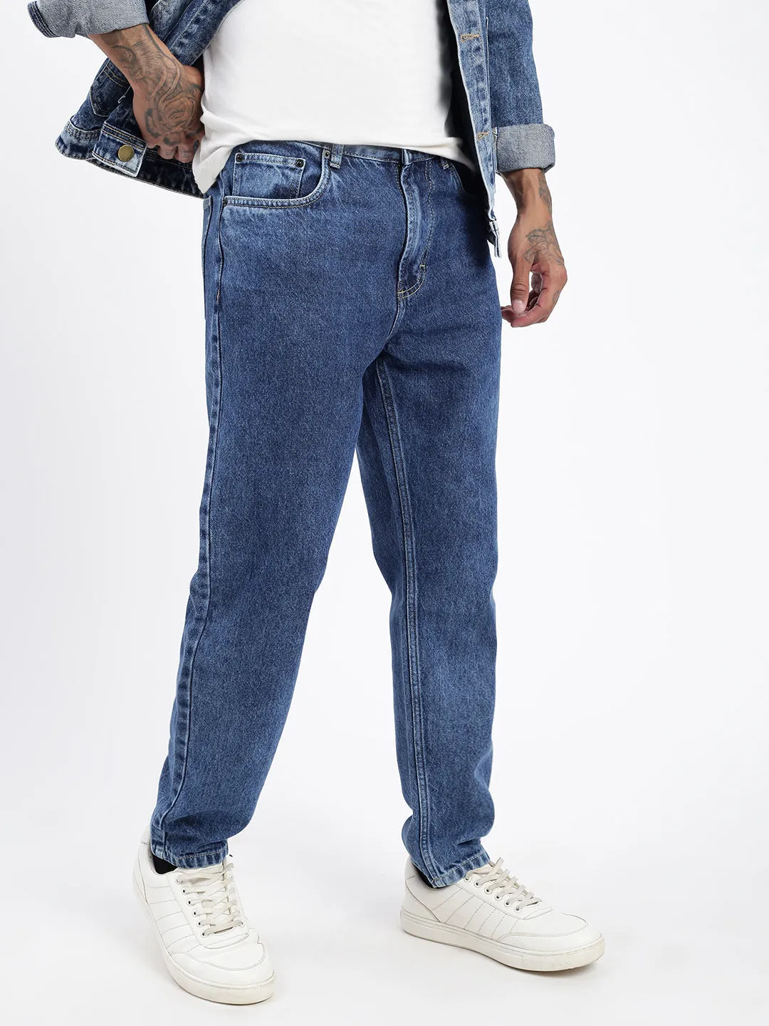 Men Blue Vintage Wash Loose Fit Jeans