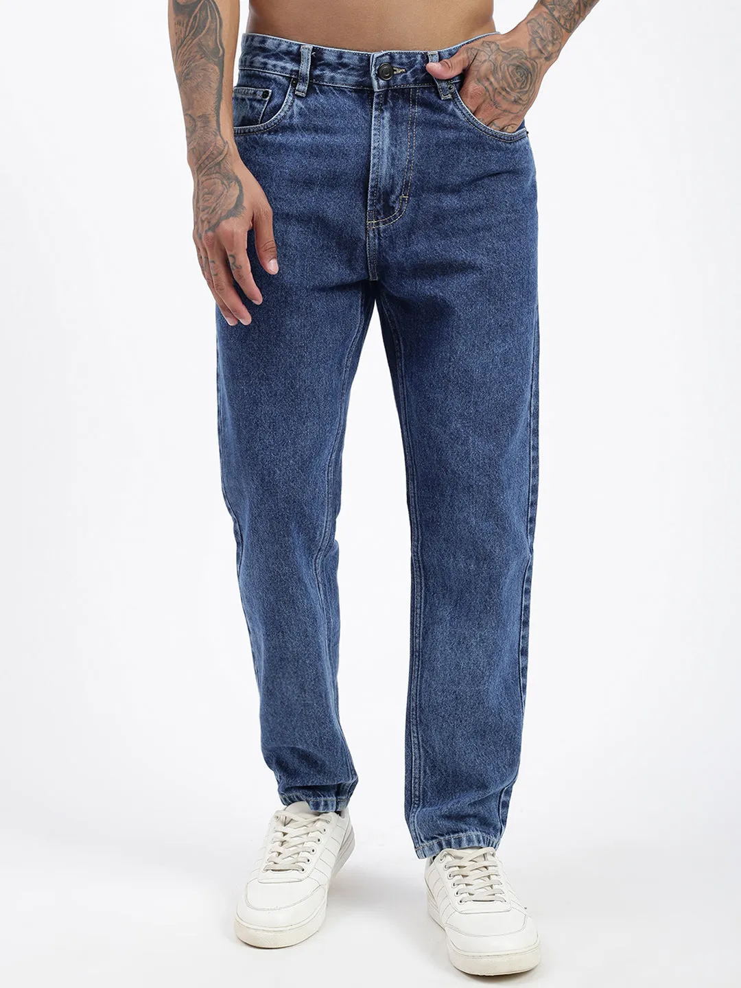 Men Blue Vintage Wash Loose Fit Jeans