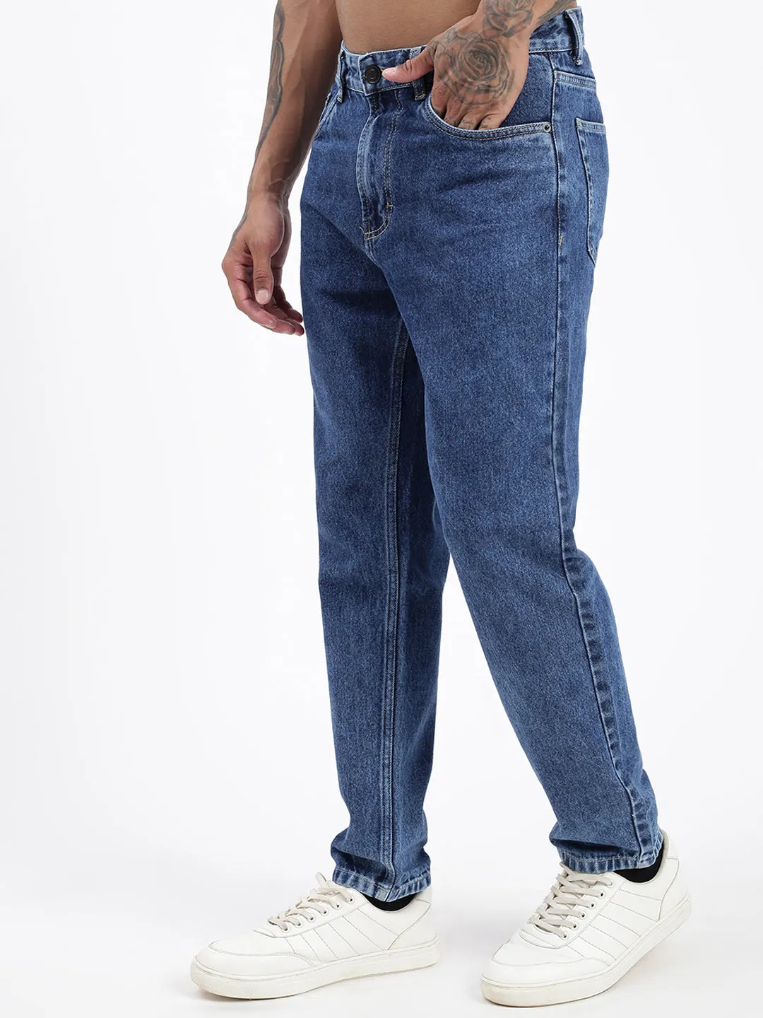 Men Blue Vintage Wash Loose Fit Jeans
