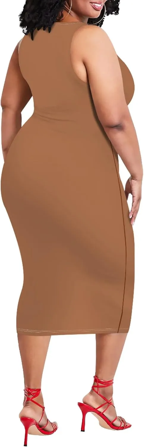Plus Size Sexy Bodycon Midi Dress for Women Summer Business Casual Tank Sleeveless Sundress Solid Dress XL-6XL
