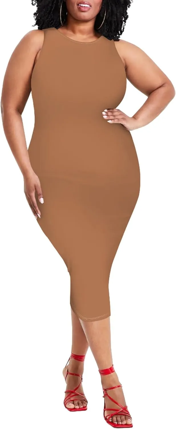 Plus Size Sexy Bodycon Midi Dress for Women Summer Business Casual Tank Sleeveless Sundress Solid Dress XL-6XL