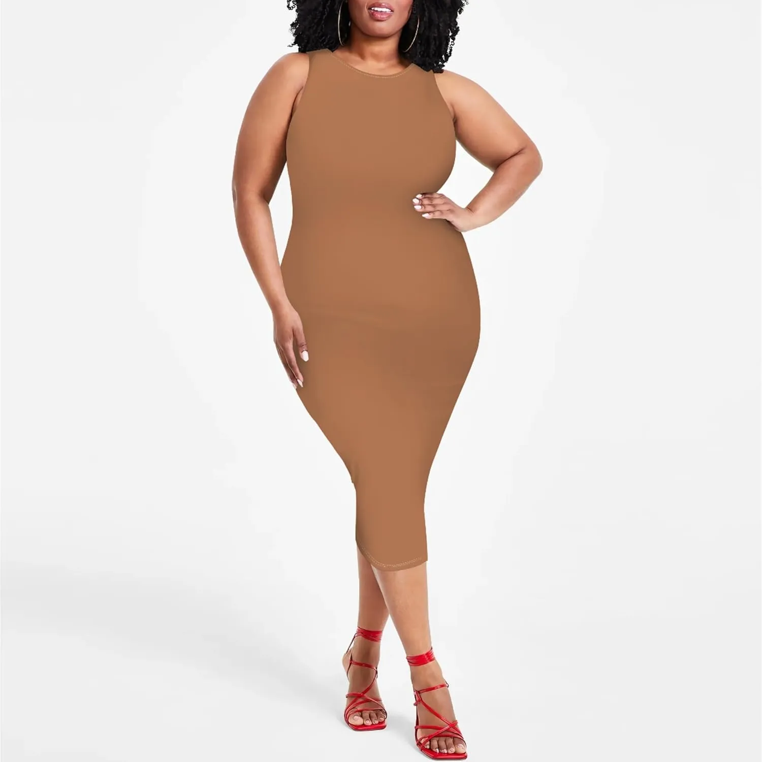 Plus Size Sexy Bodycon Midi Dress for Women Summer Business Casual Tank Sleeveless Sundress Solid Dress XL-6XL