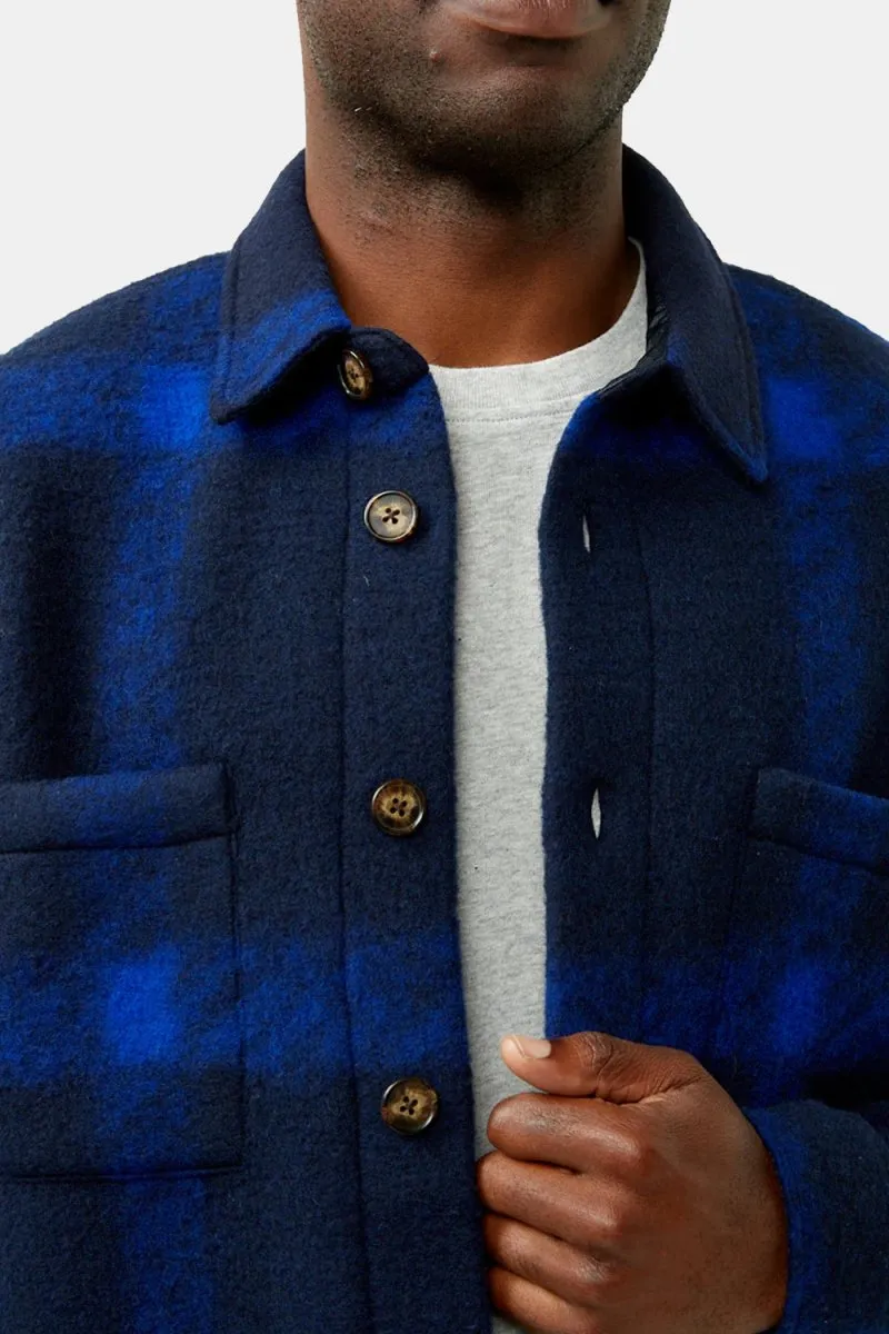 Portuguese Flannel Plaid Fleece Overshirt Shirt (Navy)