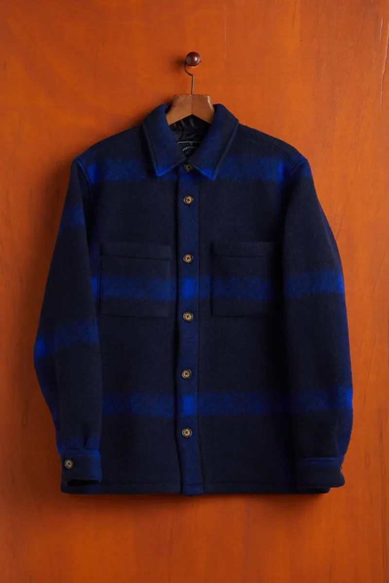 Portuguese Flannel Plaid Fleece Overshirt Shirt (Navy)