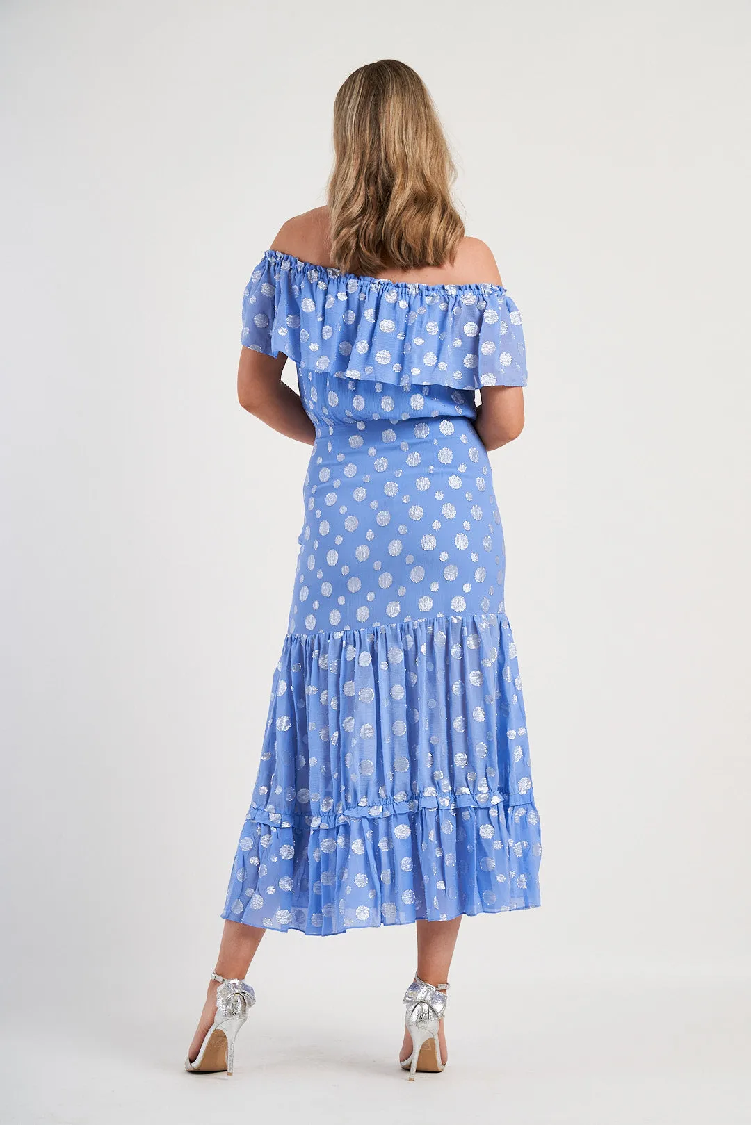 RIXO Powder Blue Metallic Spot Off The Shoulder Midi Dress