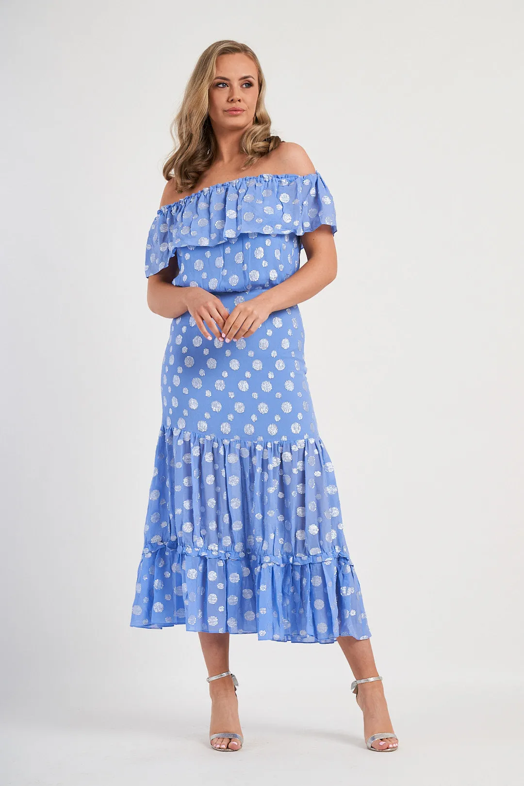 RIXO Powder Blue Metallic Spot Off The Shoulder Midi Dress