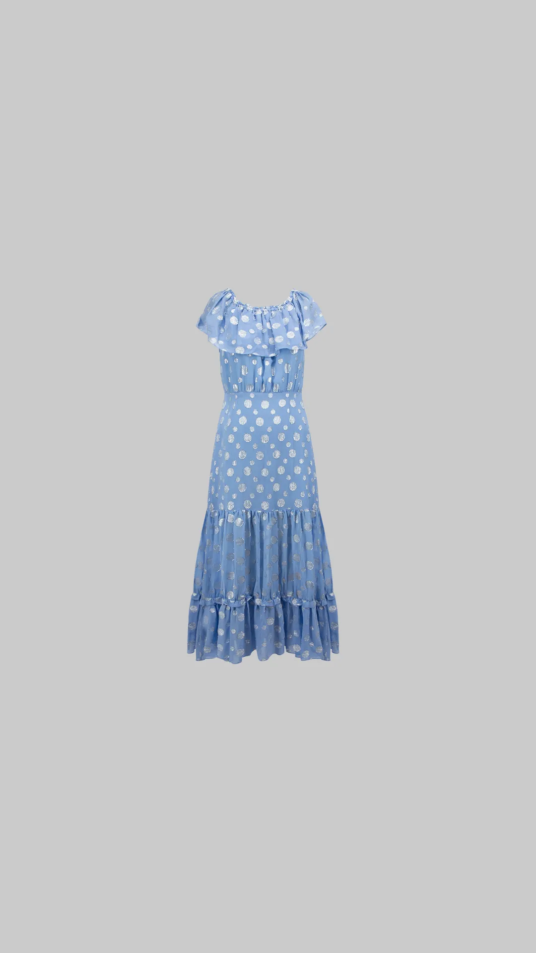 RIXO Powder Blue Metallic Spot Off The Shoulder Midi Dress