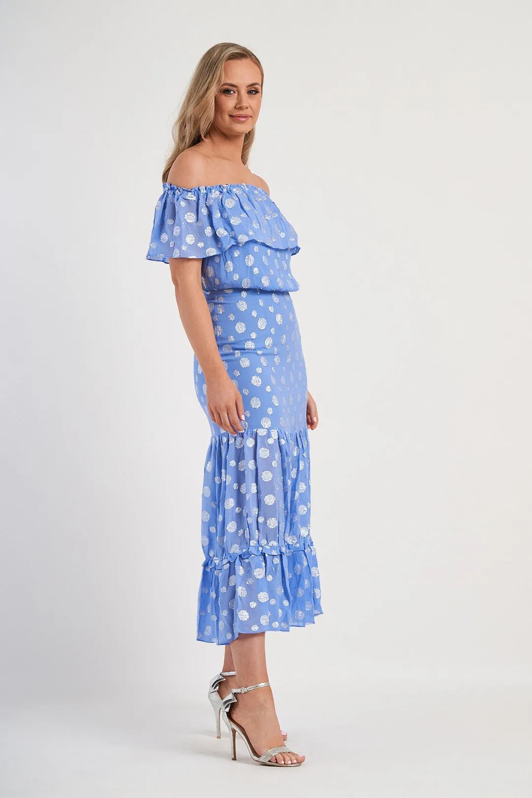 RIXO Powder Blue Metallic Spot Off The Shoulder Midi Dress