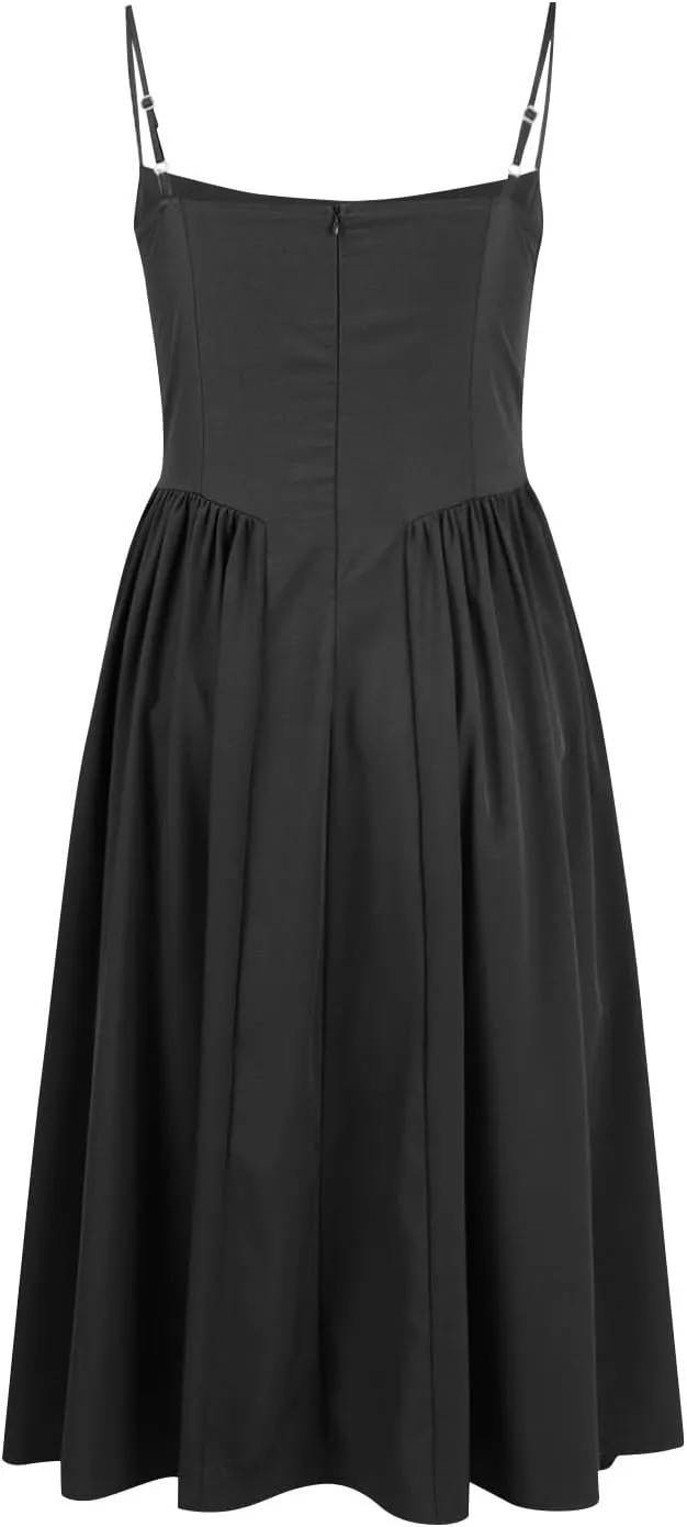 Sleeveless Corset Fit Midi Dress Women Sexy Elegant Spaghetti Strap Dress Flowy Pleated Hem Low Cut Milkmaid Dress