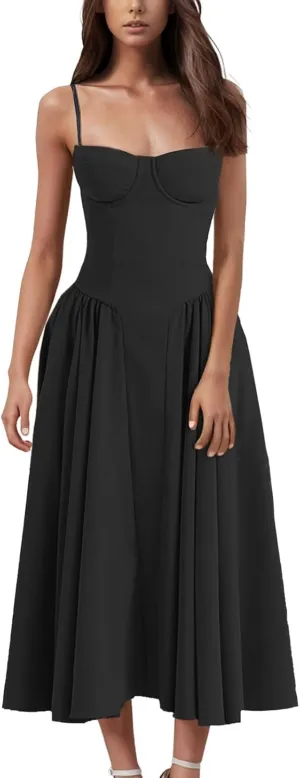Sleeveless Corset Fit Midi Dress Women Sexy Elegant Spaghetti Strap Dress Flowy Pleated Hem Low Cut Milkmaid Dress