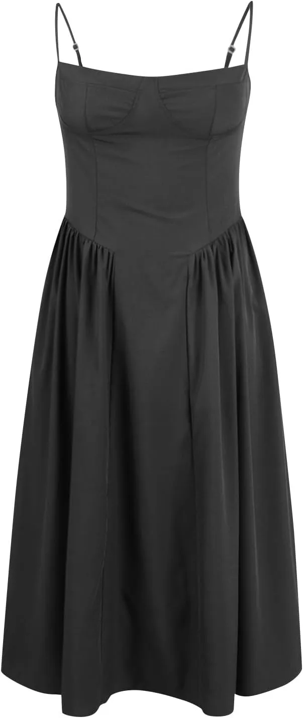 Sleeveless Corset Fit Midi Dress Women Sexy Elegant Spaghetti Strap Dress Flowy Pleated Hem Low Cut Milkmaid Dress