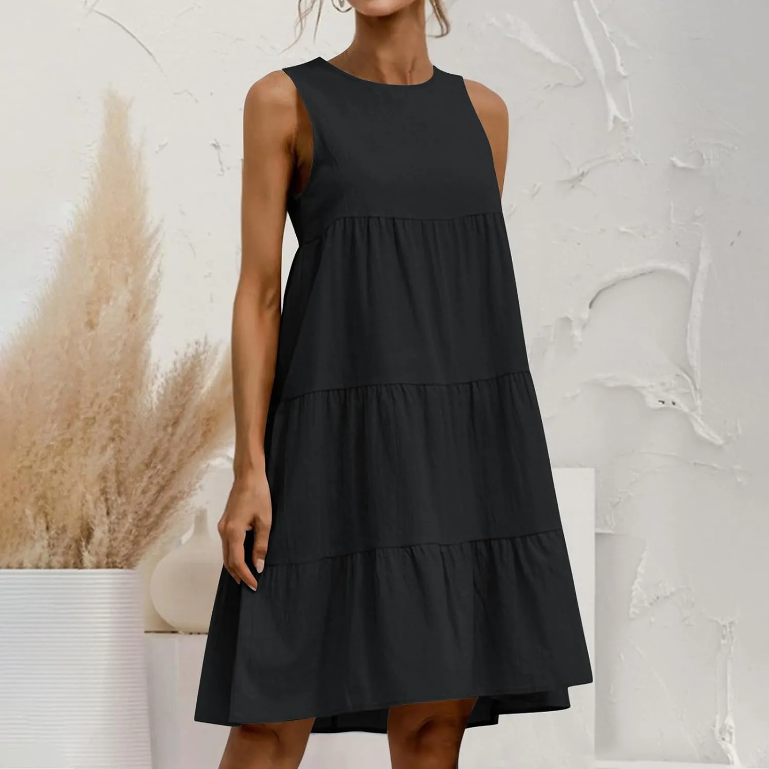 Summer Casual Dresses for Women 2024 Loose Fit Lightweight Pleated Linen Sundresses Plus Size Going Out Beach Dresses