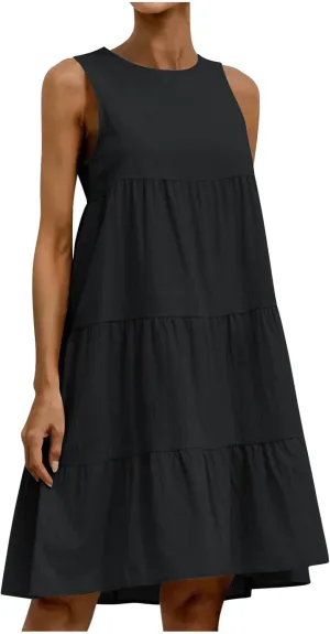 Summer Casual Dresses for Women 2024 Loose Fit Lightweight Pleated Linen Sundresses Plus Size Going Out Beach Dresses