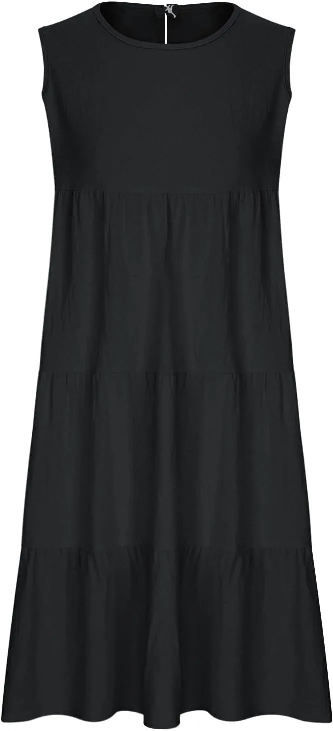 Summer Casual Dresses for Women 2024 Loose Fit Lightweight Pleated Linen Sundresses Plus Size Going Out Beach Dresses