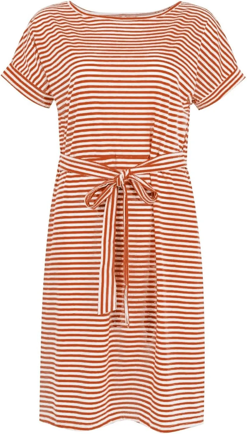 Summer Dresses for Women 2025 Casual Short Sleeve T Shirt Dress Tie Waist Belted Striped Midi Dress with Pockets