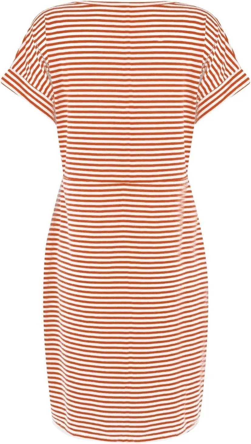 Summer Dresses for Women 2025 Casual Short Sleeve T Shirt Dress Tie Waist Belted Striped Midi Dress with Pockets