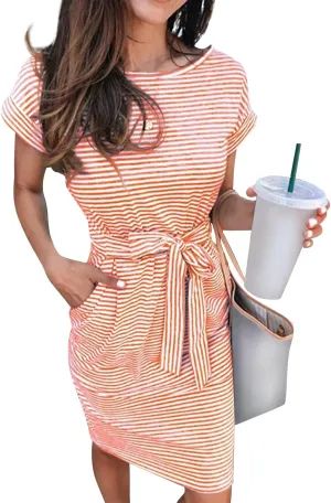 Summer Dresses for Women 2025 Casual Short Sleeve T Shirt Dress Tie Waist Belted Striped Midi Dress with Pockets