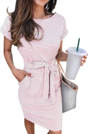 Summer Dresses for Women 2025 Casual Short Sleeve T Shirt Dress Tie Waist Belted Striped Midi Dress with Pockets