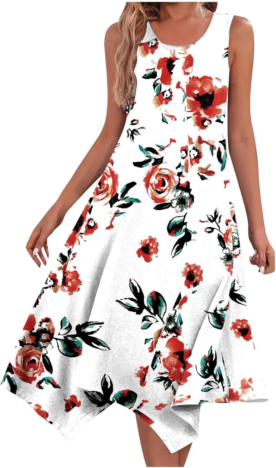 Women Flowy Dresses Casual Knee Length Plus Size Sun Dress Casual Beach Floral Vacation Dresses 2024 with Procket
