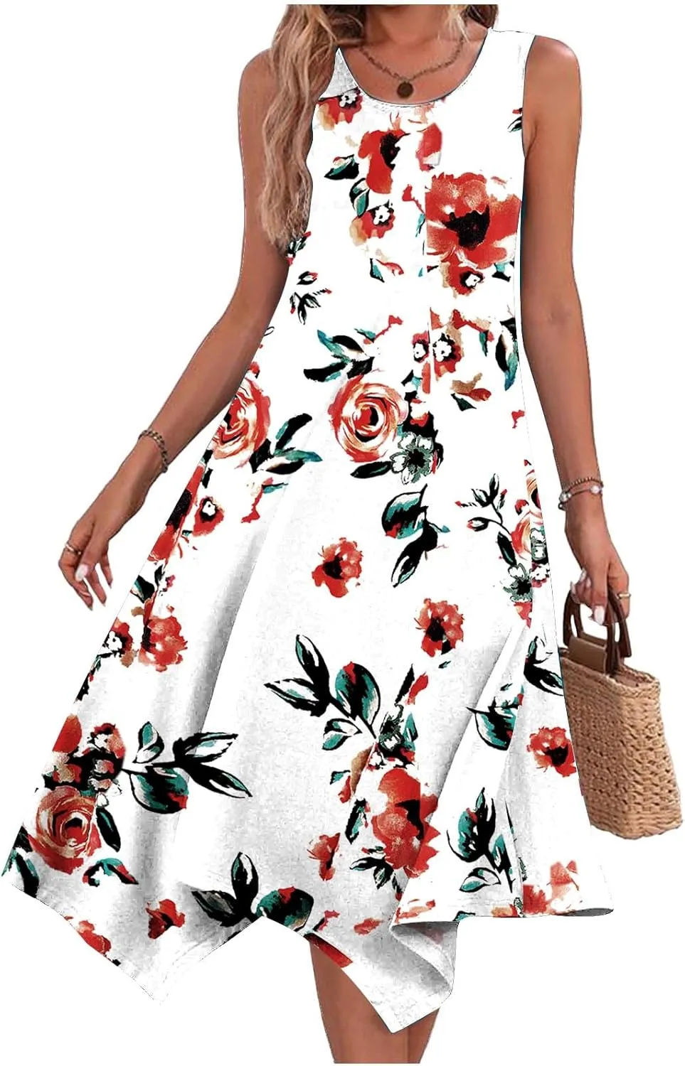 Women Flowy Dresses Casual Knee Length Plus Size Sun Dress Casual Beach Floral Vacation Dresses 2024 with Procket