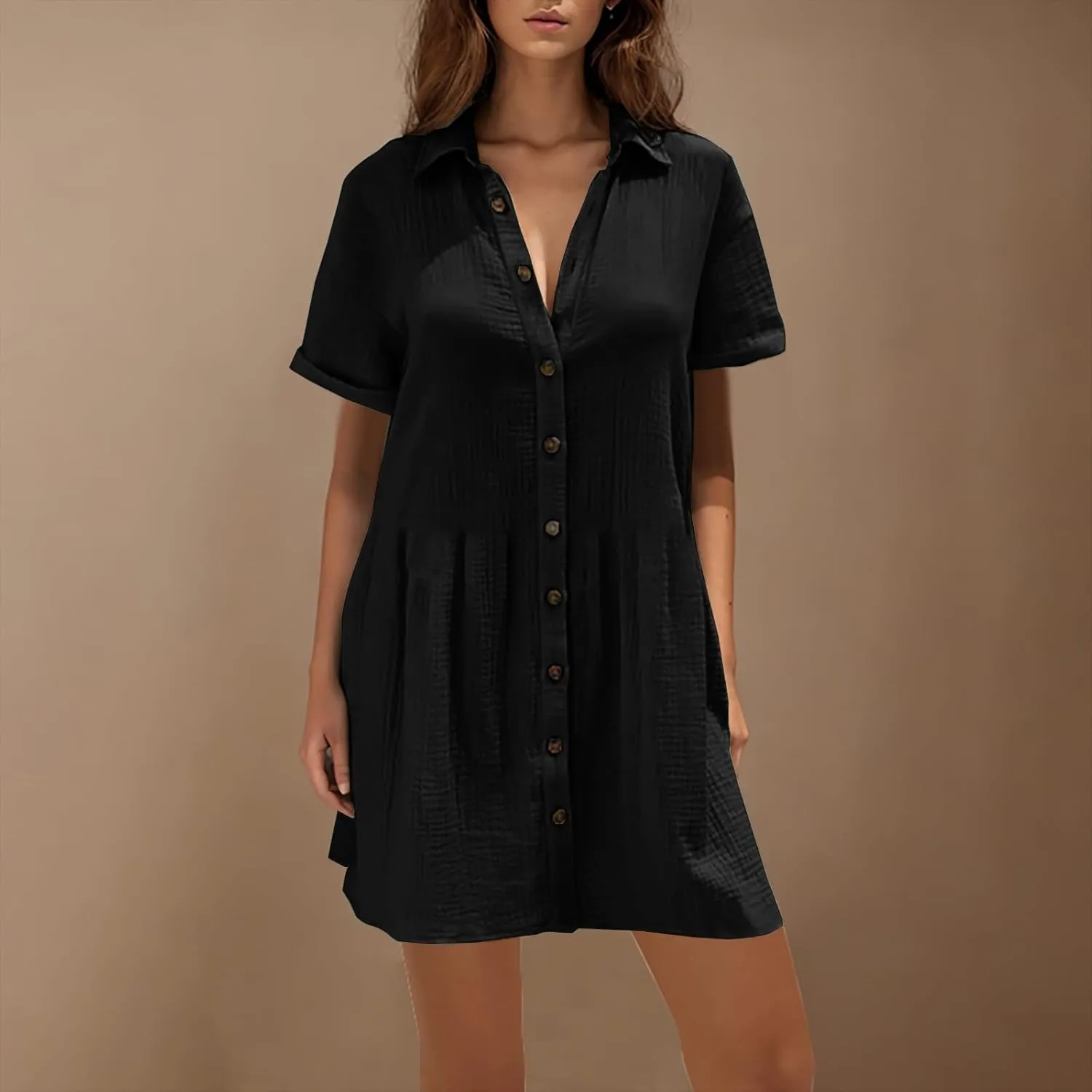 Womens Casual Short Sleeve Button Down Mini Shirt Dress Cotton Tunic Loose Beach Dress Tiered Ruffle Hem Shirt Dress