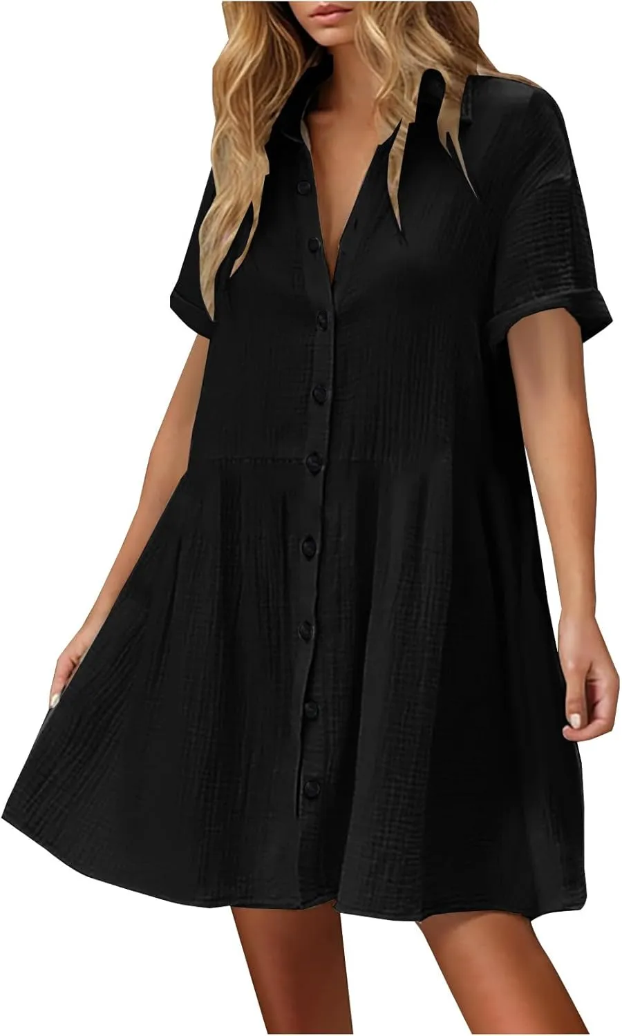 Womens Casual Short Sleeve Button Down Mini Shirt Dress Cotton Tunic Loose Beach Dress Tiered Ruffle Hem Shirt Dress
