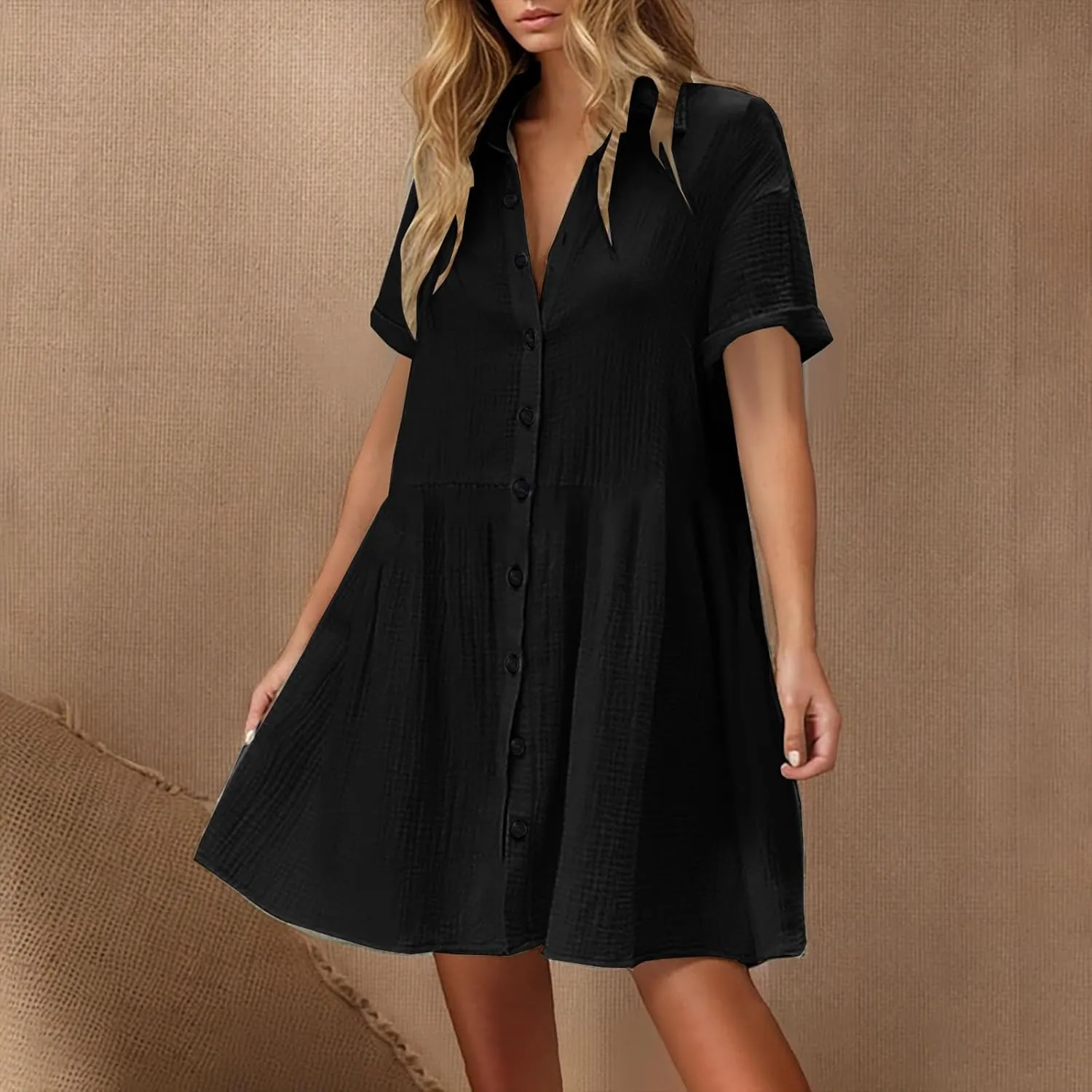 Womens Casual Short Sleeve Button Down Mini Shirt Dress Cotton Tunic Loose Beach Dress Tiered Ruffle Hem Shirt Dress