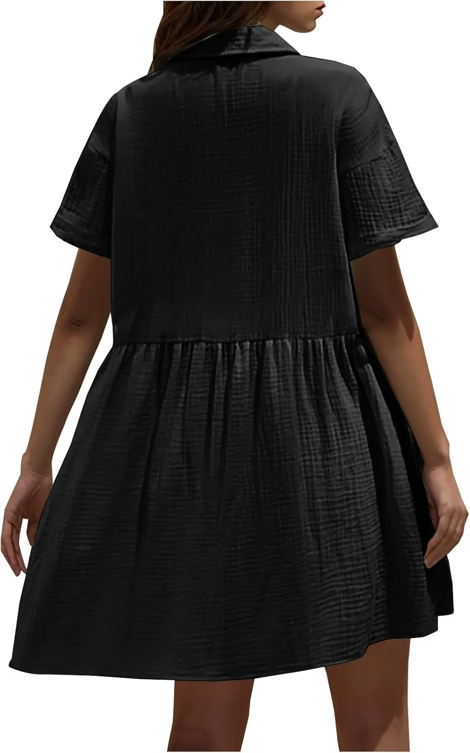 Womens Casual Short Sleeve Button Down Mini Shirt Dress Cotton Tunic Loose Beach Dress Tiered Ruffle Hem Shirt Dress