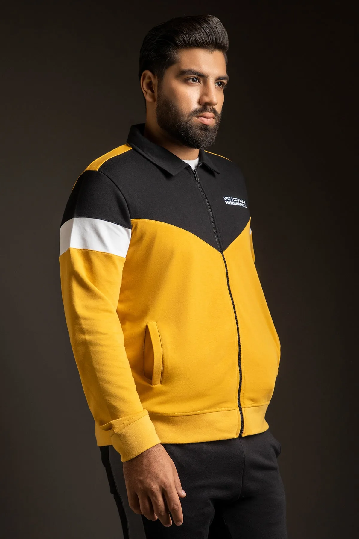 Yellow Contrast Panelled Zipper Jacket (Plus Size) - W23 - MJ0017P