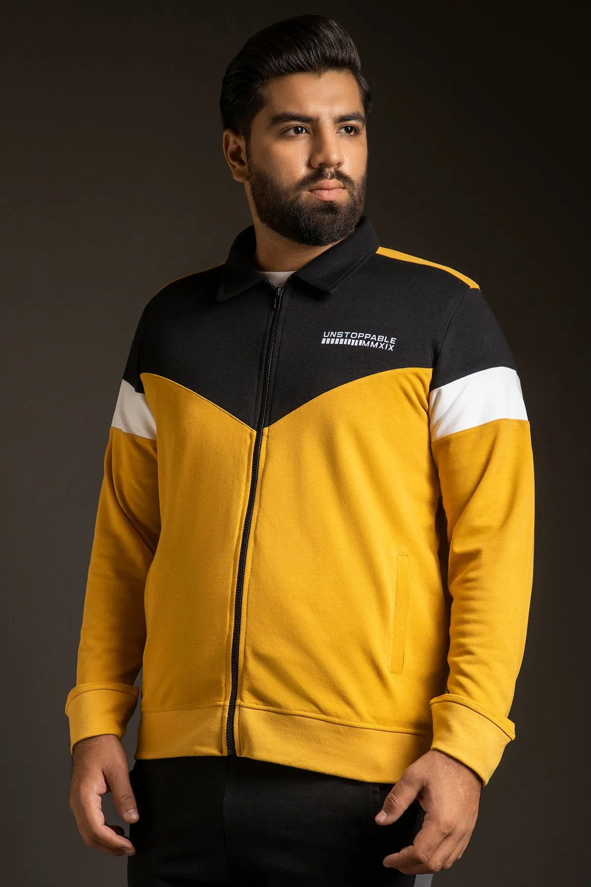 Yellow Contrast Panelled Zipper Jacket (Plus Size) - W23 - MJ0017P