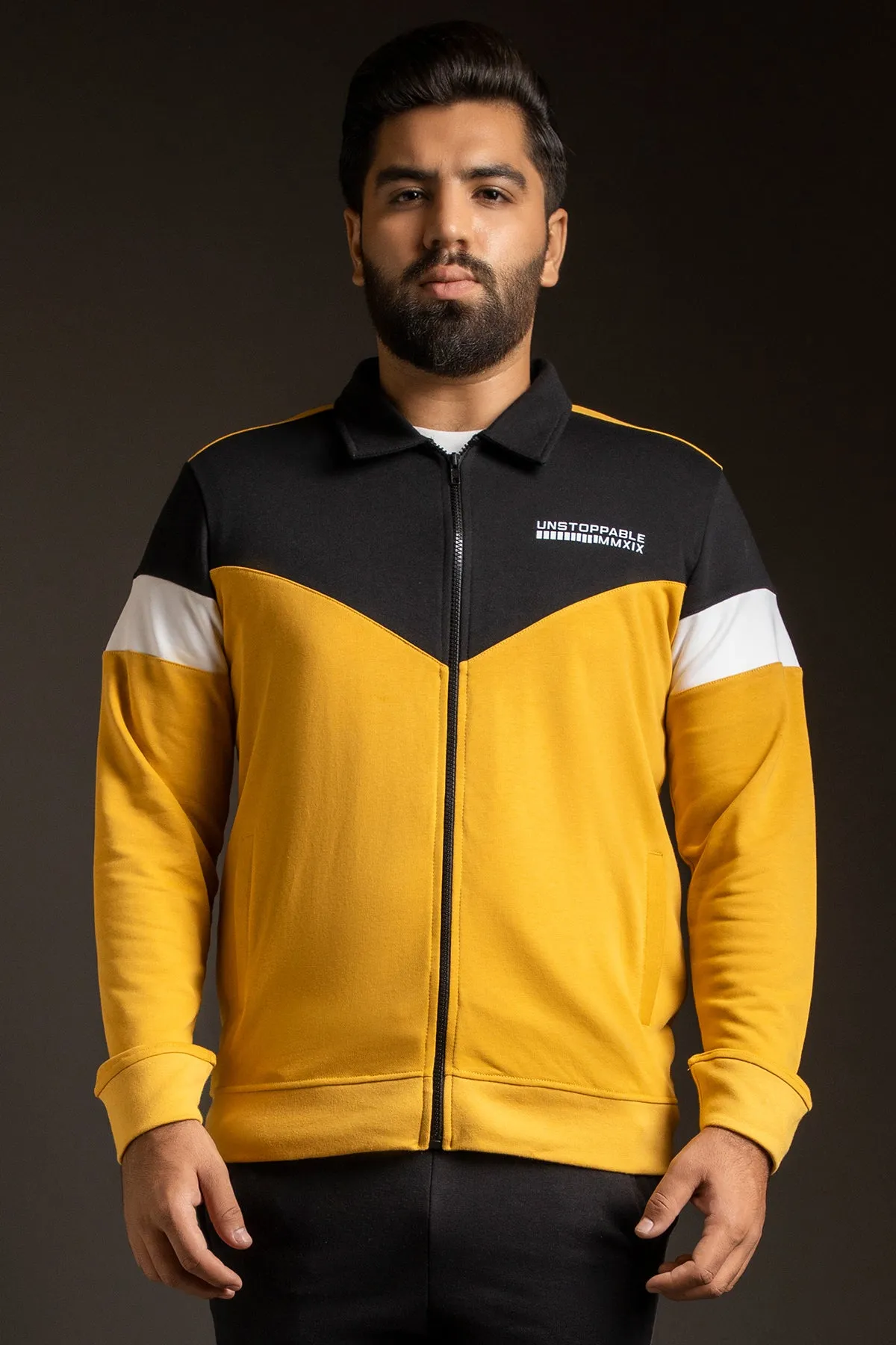 Yellow Contrast Panelled Zipper Jacket (Plus Size) - W23 - MJ0017P
