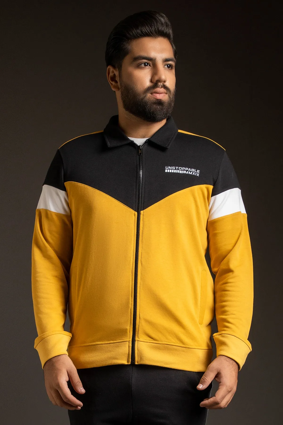 Yellow Contrast Panelled Zipper Jacket (Plus Size) - W23 - MJ0017P